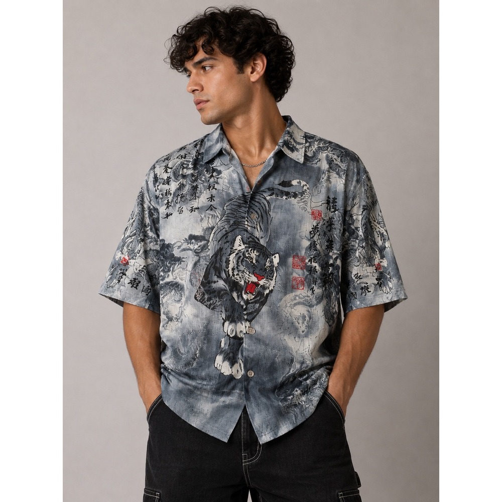 Skoops Worldwide Tiger Dragon Graphic Lace Mesh Button Down Shirt Mens XL Blue